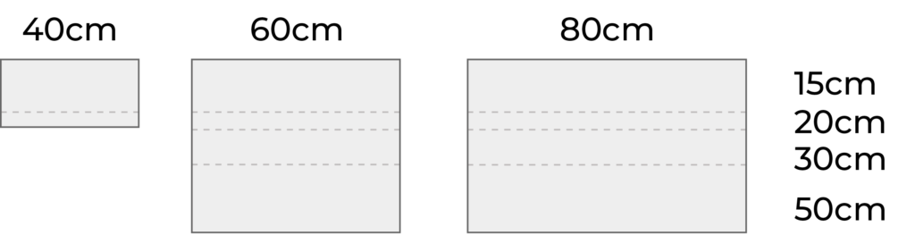 Verschiedene Abmessungen der Bretter: Breite 40, 60 und 80 cm. Tiefe 15, 20, 30 und 50 cm. Die Tiefen 30 und 50 cm existieren nicht für Bretter mit einer Breite von 40 cm.